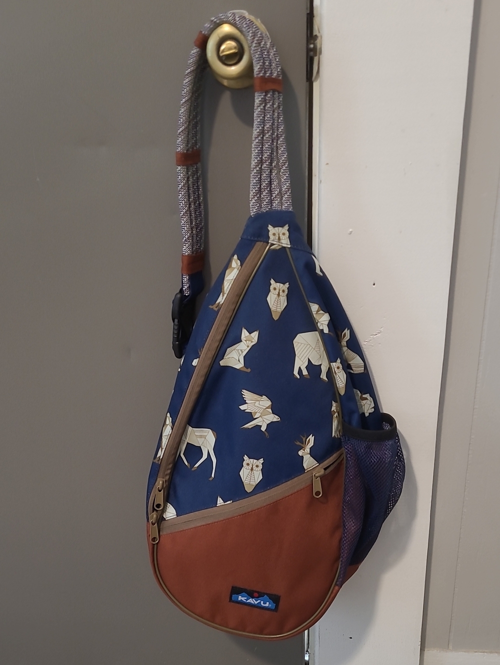 Kavu Navy Origami Animal Sling Bag with Brown Trim